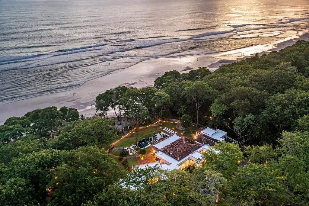 Aerial view of Casa Teresa Luxury Villas at sunset near Santa Teresa, Costa Rica